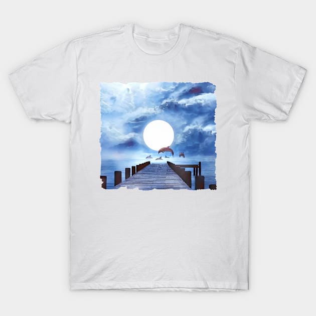 Dolphins At The Dock Under Moonlight T-Shirt by PhotoArts